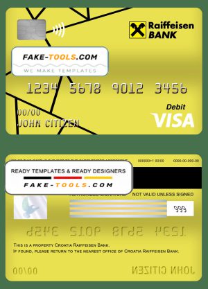 Croatia Raiffeisen bank visa card debit card template in PSD format, fully editable