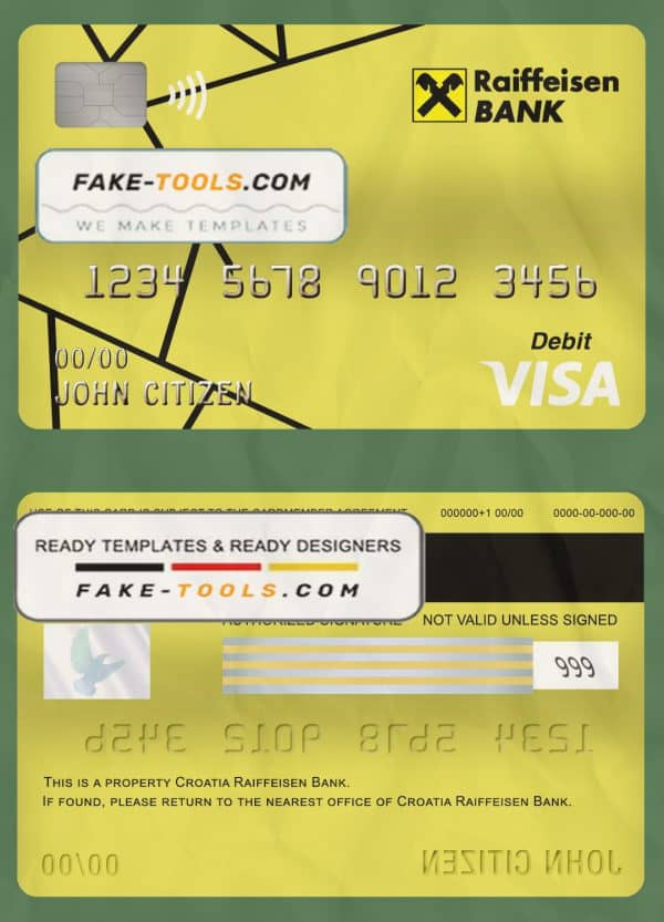 Croatia Raiffeisen bank visa card debit card template in PSD format, fully editable