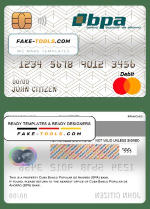 Cuba Banco Popular de Ahorro (BPA) bank mastercard debit card template in PSD format, fully editable