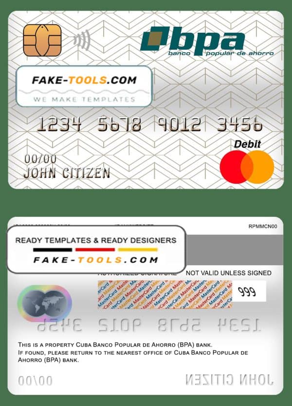 Cuba Banco Popular de Ahorro (BPA) bank mastercard debit card template in PSD format, fully editable