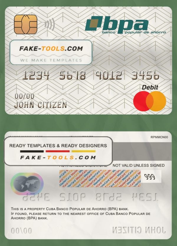 Cuba Banco Popular de Ahorro (BPA) bank mastercard debit card template in PSD format, fully editable