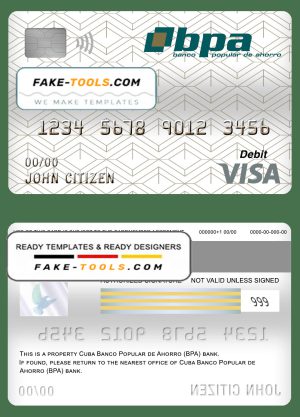 Cuba Banco Popular de Ahorro (BPA) bank visa card debit card template in PSD format, fully editable