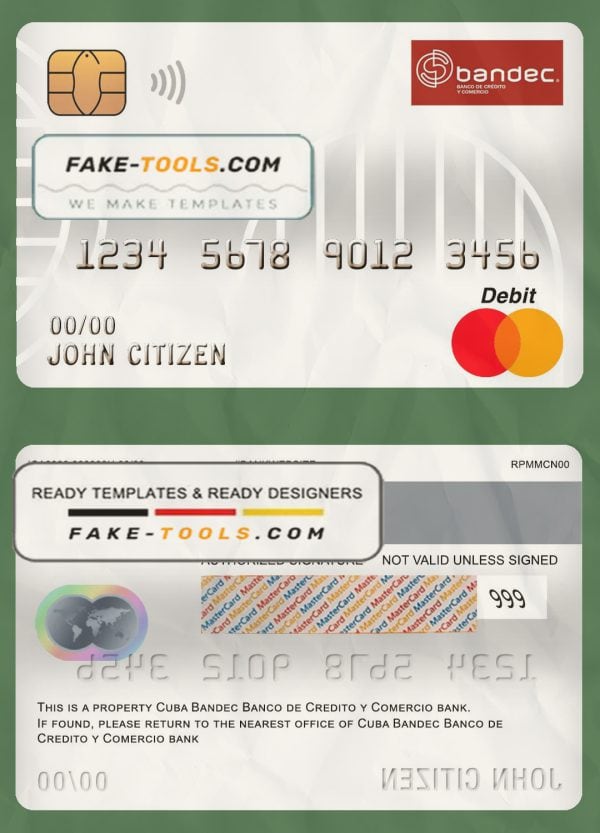 Cuba Bandec Banco de Credito y Comercio bank mastercard debit card template in PSD format, fully editable
