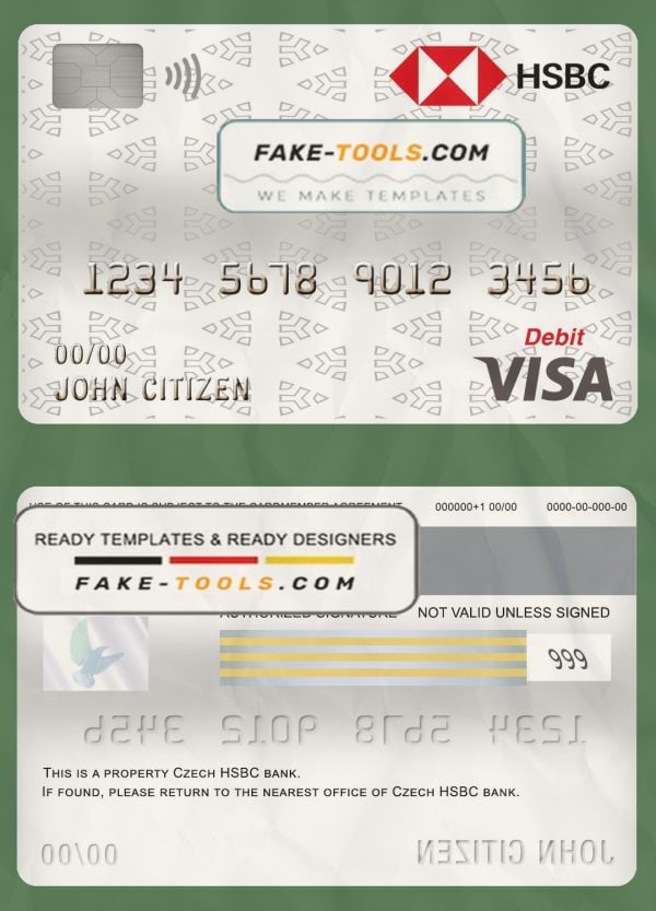 Czech HSBC bank visa card debit card template in PSD format, fully editable