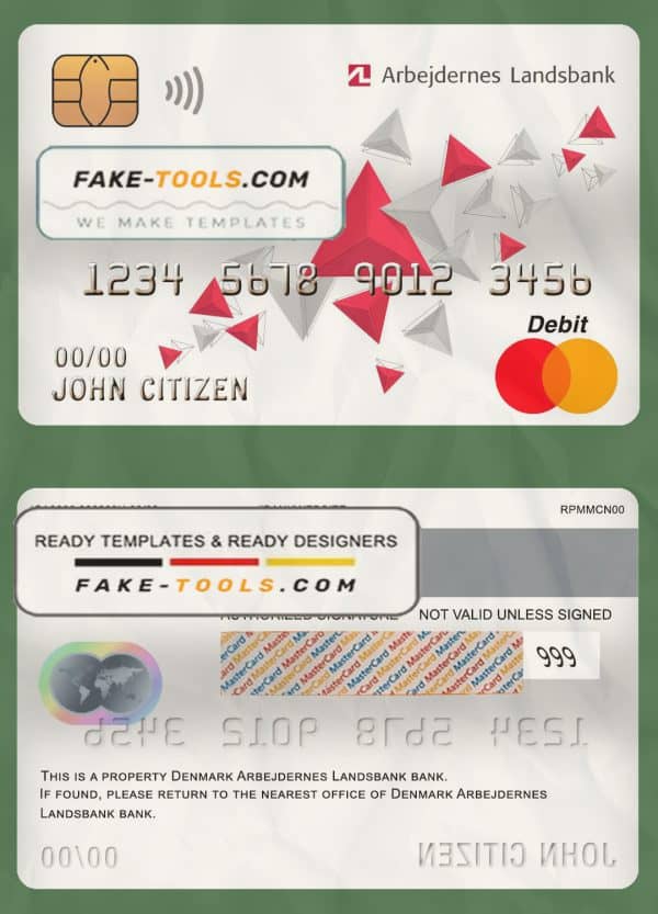 Denmark Arbejdernes Landsbank mastercard debit card template in PSD format, fully editable