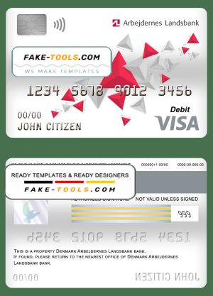 Denmark Arbejdernes Landsbank visa card debit card template in PSD format, fully editable