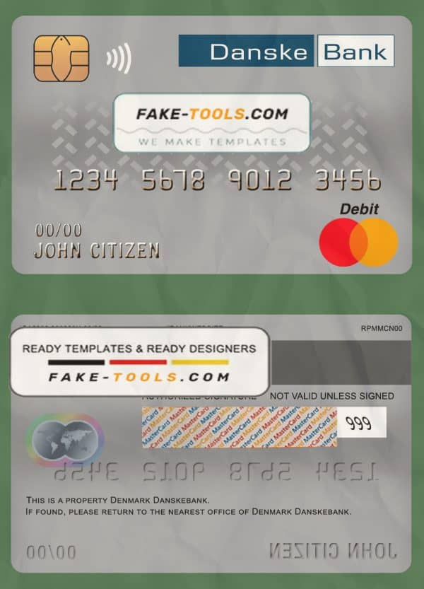 Denmark Danskebank bank mastercard debit card template in PSD format, fully editable