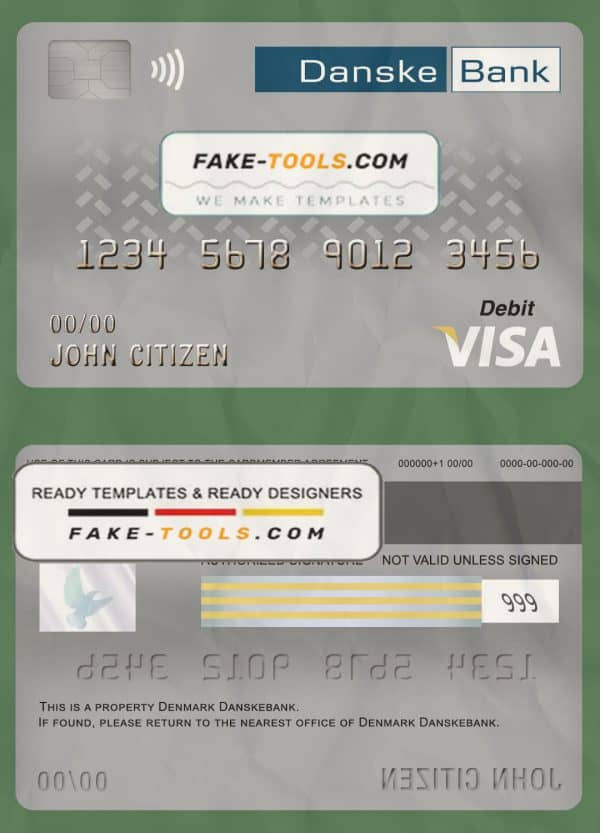 Denmark Danskebank bank visa card debit card template in PSD format, fully editable