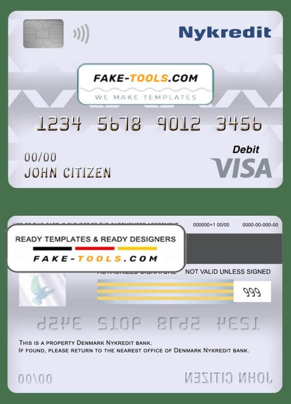 Denmark Nykredit bank visa card debit card template in PSD format, fully editable