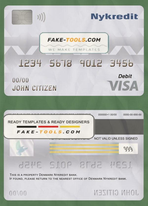 Denmark Nykredit bank visa card debit card template in PSD format, fully editable