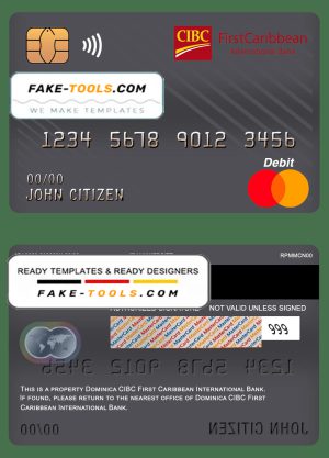 Dominica CIBC First Caribbean International bank mastercard debit card template in PSD format, fully editable