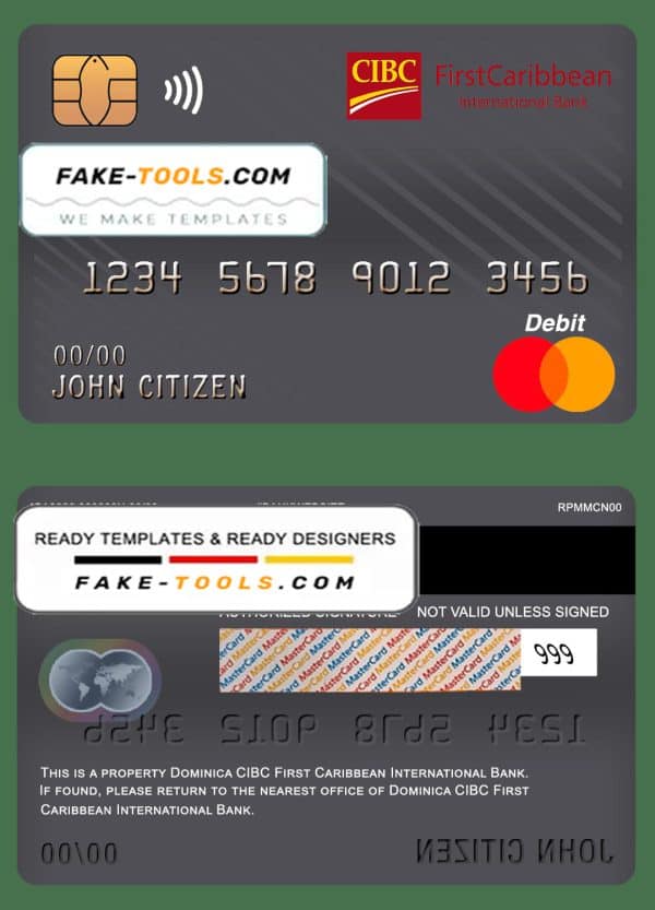 Dominica CIBC First Caribbean International bank mastercard debit card template in PSD format, fully editable