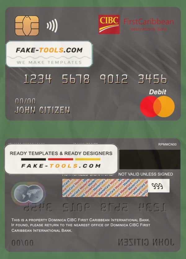 Dominica CIBC First Caribbean International bank mastercard debit card template in PSD format, fully editable