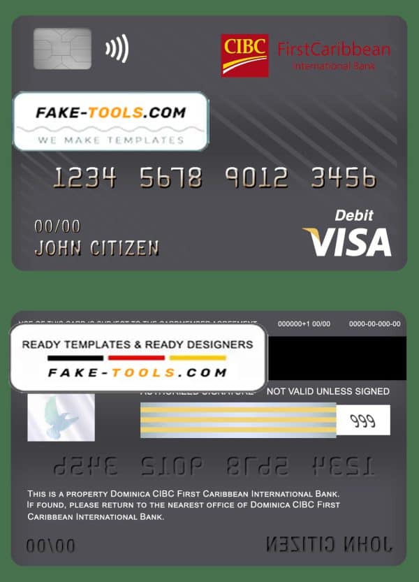 Dominica CIBC First Caribbean International bank visa card debit card template in PSD format, fully editable