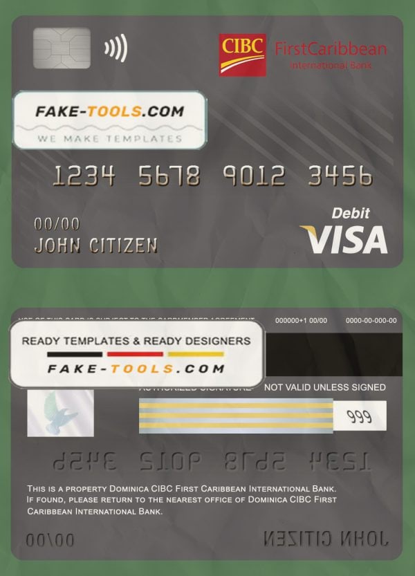 Dominica CIBC First Caribbean International bank visa card debit card template in PSD format, fully editable