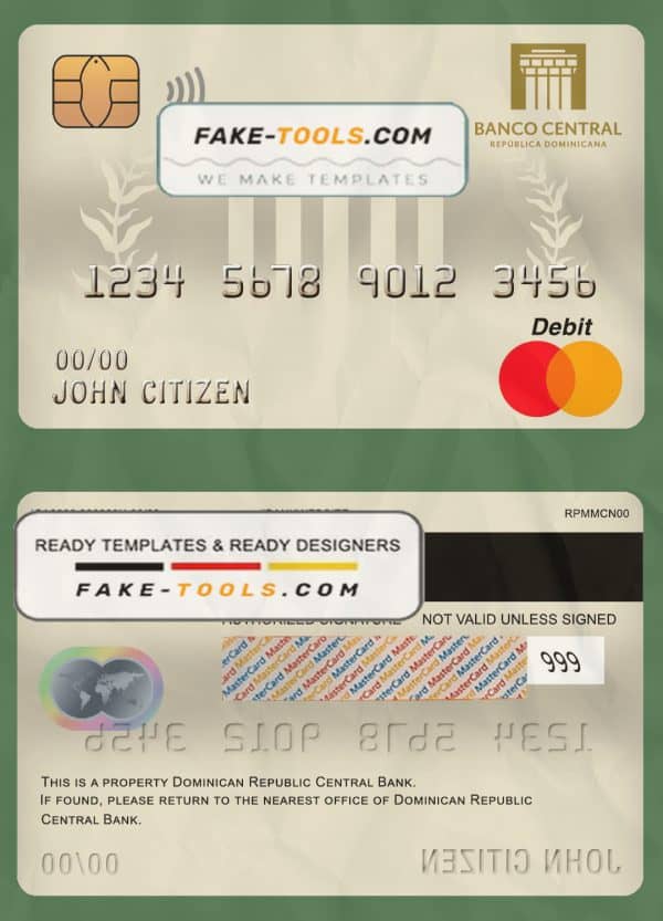 Dominican Republic Central bank Of the Dominican Republic mastercard debit card template in PSD format, fully editable