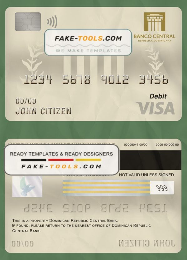Dominican Republic Central bank Of the Dominican Republic visa card debit card template in PSD format, fully editable