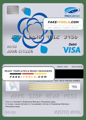 Dominican Republic Progreso bank visa card debit card template in PSD format, fully editable