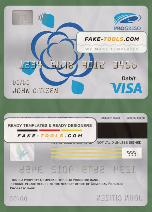 Dominican Republic Progreso bank visa card debit card template in PSD format, fully editable