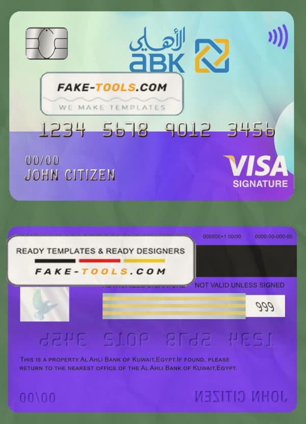 Egypt Al Ahli Bank of Kuwait visa signature card template in PSD format, fully editable
