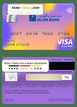 Egypt Blom Bank visa electron card template in PSD format, fully editable
