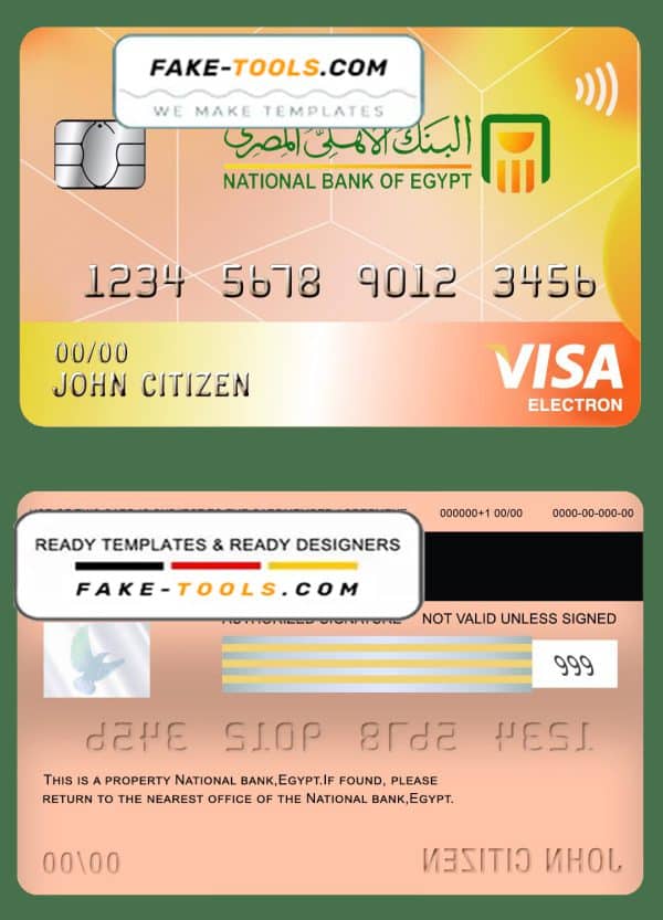 Egypt National Bank visa electron card template in PSD format, fully editable