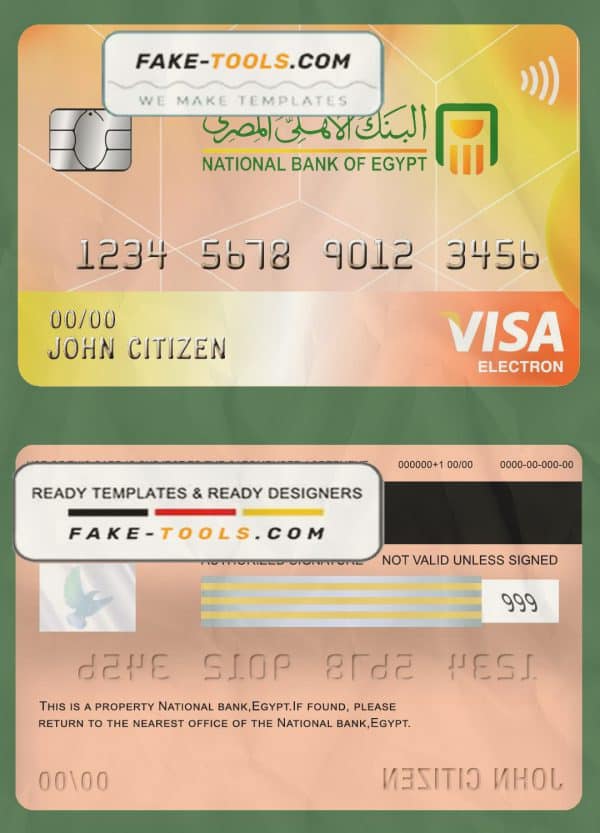 Egypt National Bank visa electron card template in PSD format, fully editable