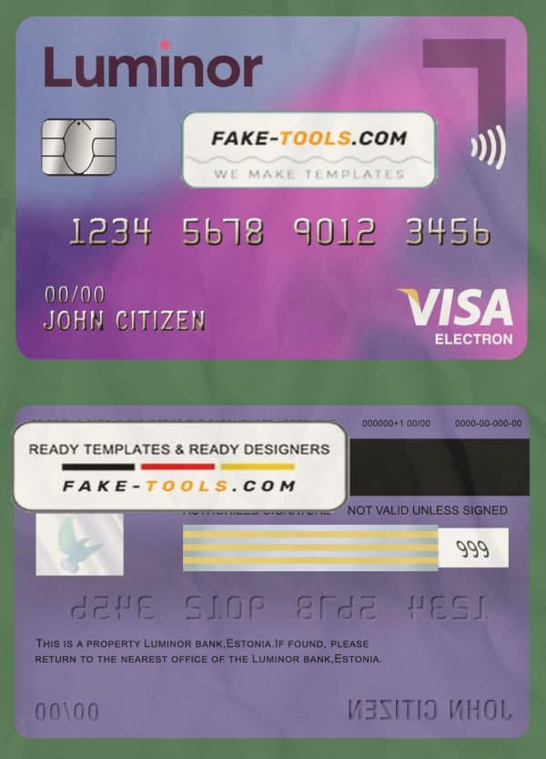 Estonia Luminor Bank visa electron card template in PSD format, fully editable