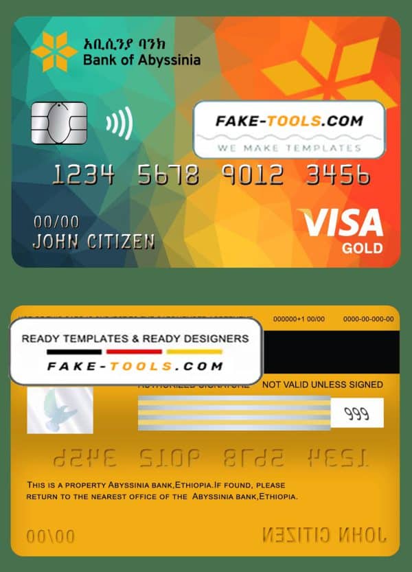 Ethiopia Bank of Abyssinia bank visa gold card template in PSD format, fully editable
