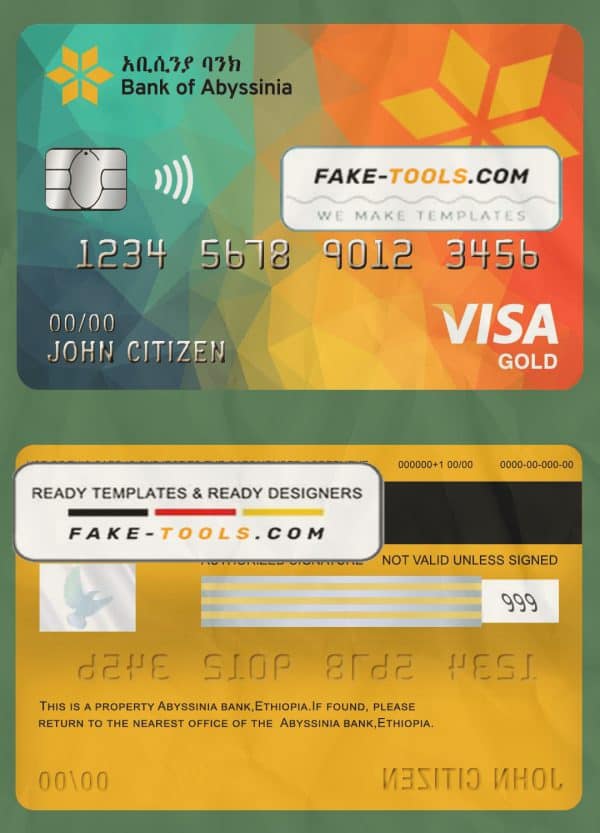 Ethiopia Bank of Abyssinia bank visa gold card template in PSD format, fully editable