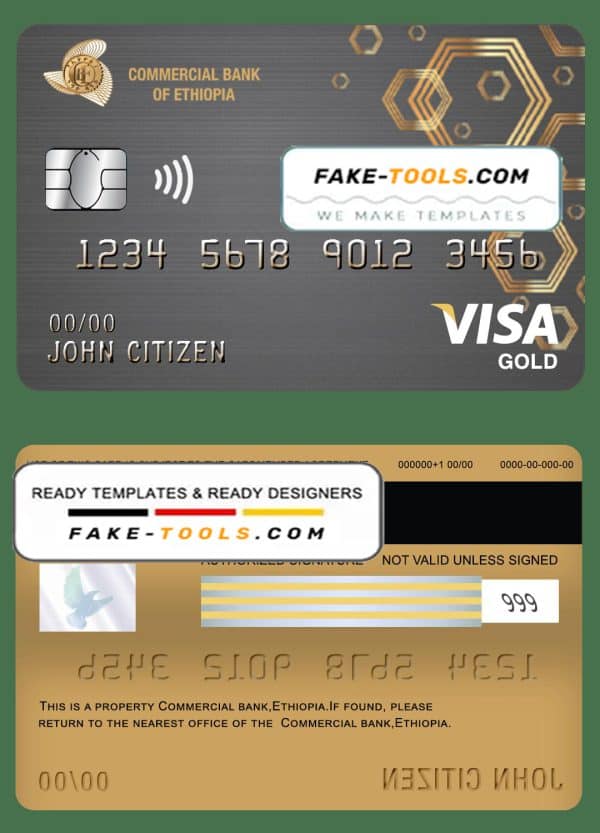 Ethiopia Commercial Bank visa gold card template in PSD format, fully editable