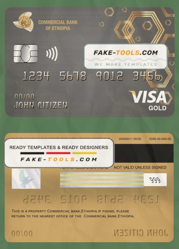 Ethiopia Commercial Bank visa gold card template in PSD format, fully editable