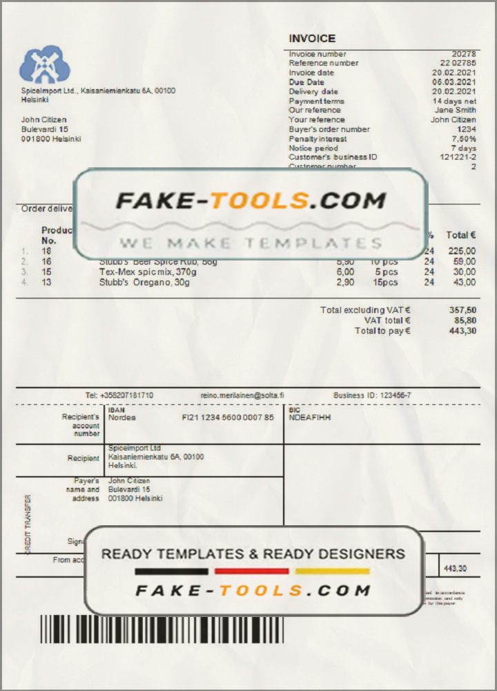 Finland SpiceImport Ltd invoice template in Word and PDF format, fully editable scan effect