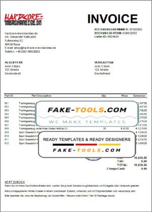 Germany Hardcore Merchandise invoice template in Excel and PDF format