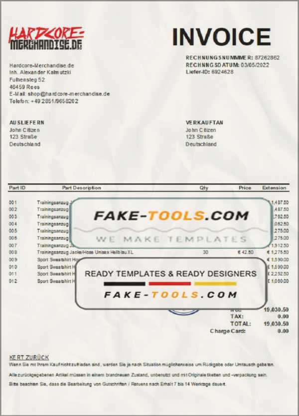 Germany Hardcore Merchandise invoice template in Excel and PDF format scan effect