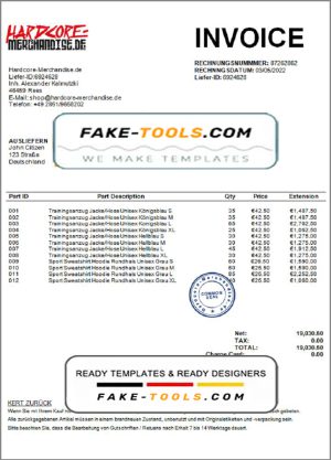 Germany Hardcore Merchandise invoice template in Word and PDF format