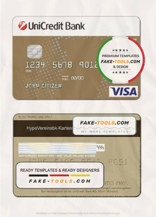 Germany UniCredit Bank visa credit card template in PSD format, fully editable