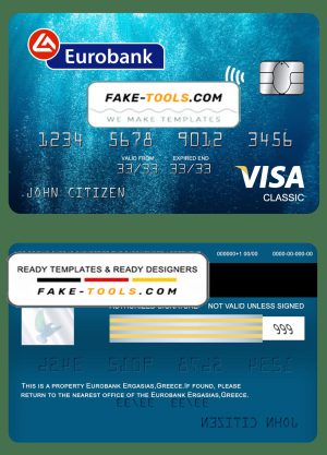 Greece Eurobank Ergasias bank visa classic card template in PSD format, fully editable