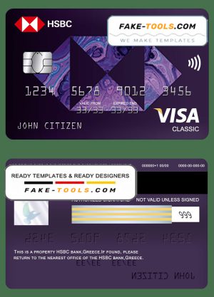 Greece HSBC bank visa classic card template in PSD format, fully editable