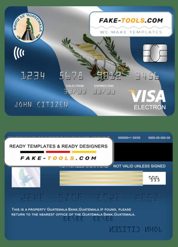 Guatemala Banco de Guatemala bank visa electron card template in PSD format, fully editable