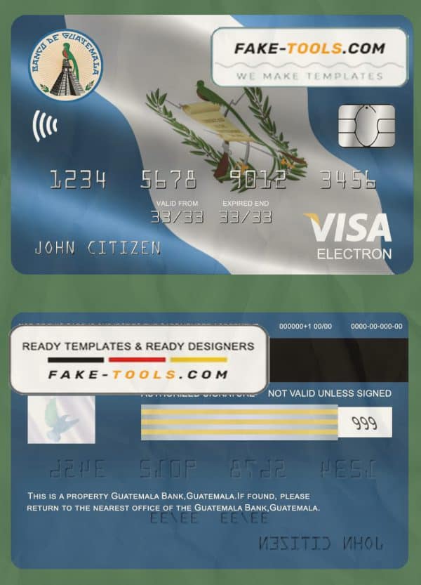 Guatemala Banco de Guatemala bank visa electron card template in PSD format, fully editable