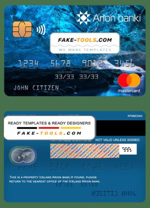 Iceland Arion bank mastercard, fully editable template in PSD format
