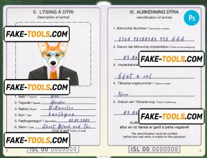 Iceland dog (animal, pet) passport PSD template, fully editable