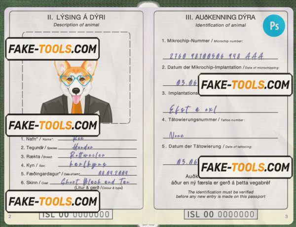 Iceland dog (animal, pet) passport PSD template, fully editable scan effect