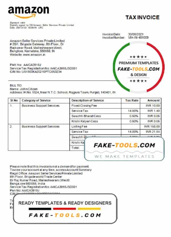 India Amazon American multinational technology company invoice template in Word and PDF format, fully editable