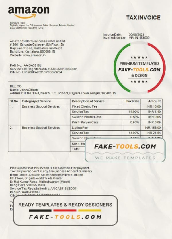 India Amazon American multinational technology company invoice template in Word and PDF format, fully editable