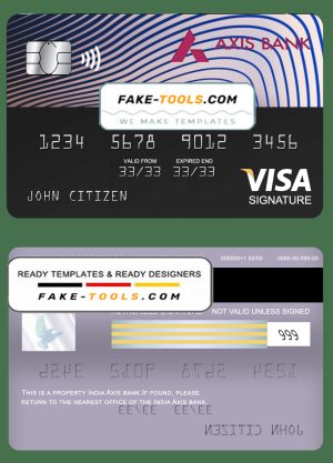 India Axis bank visa signature card, fully editable template in PSD format