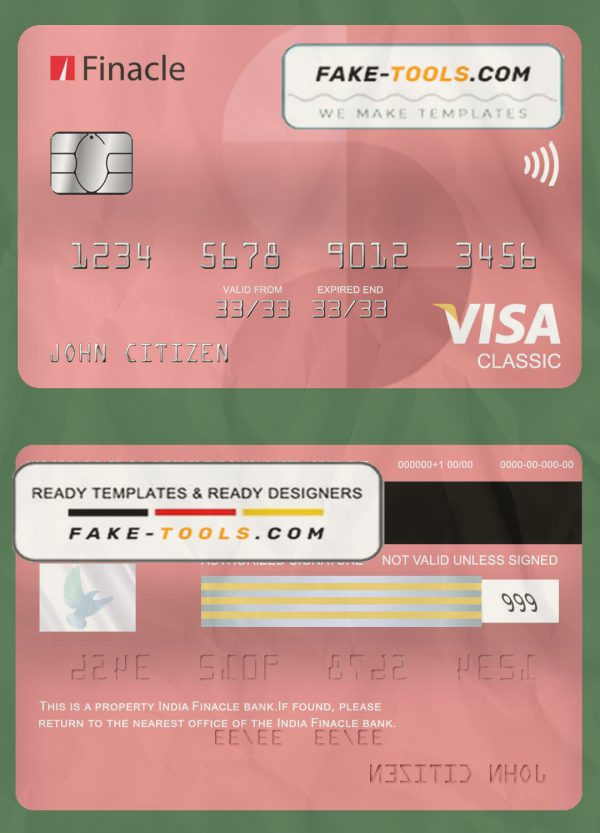 India Finacle bank visa classic card, fully editable template in PSD format scan effect