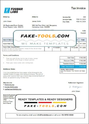 India Foobar Labs Information Technology Company invoice template in Word and PDF format, fully editable, version 1