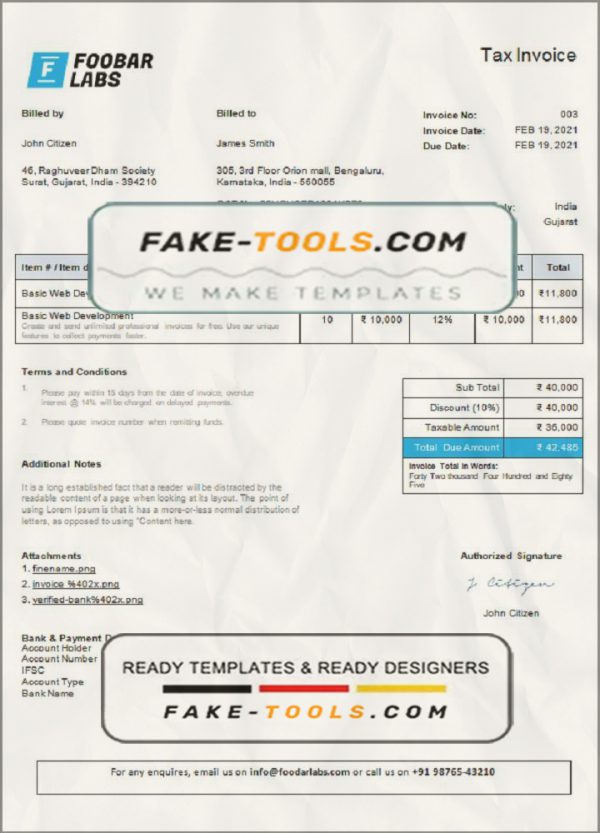 India Foobar Labs Information Technology Company invoice template in Word and PDF format, fully editable, version 1 scan effect